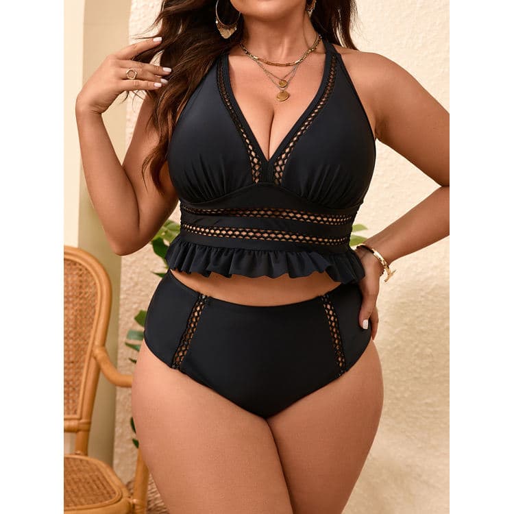 New Black Swimsuit Sexy Deep-V Cutout Swimwear High Waisted Ruffle Bikini