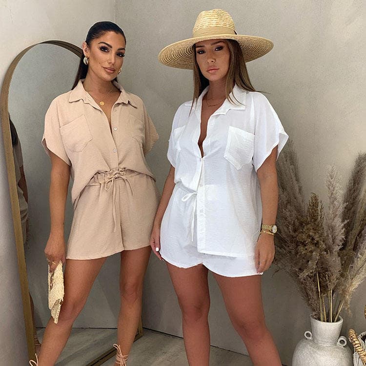 Latin American Casual Set Solid Color Classic Single Breasted Sleeve Shirt Elastic Waist Shorts Set