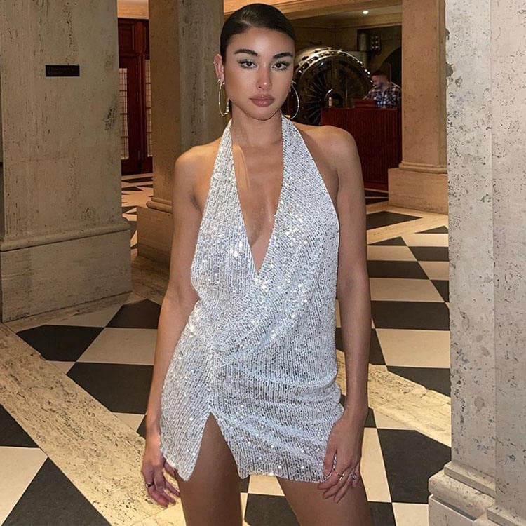 2023 New Product Launch Sexy Sequin Sleeveless Halter Deep V Neck Backless Mini Party Club Dress for Women