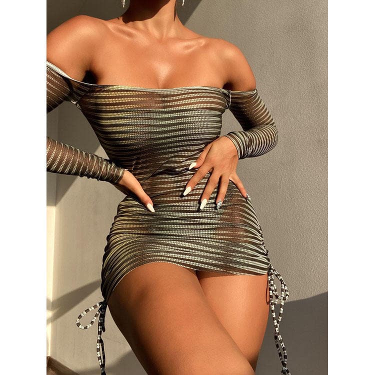 New Striped off Shoulder Bikini Three Piece Set Long Sleeve Wrap Skirt Sexy Sun Proof Beach Bikini