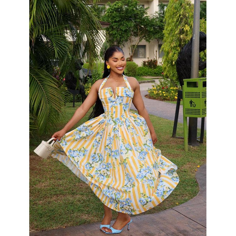 Wenshuo Printed Halter Dress Wholesale Casual Striped Dress Custom logo Stylish Maxi Dress Factory Directly