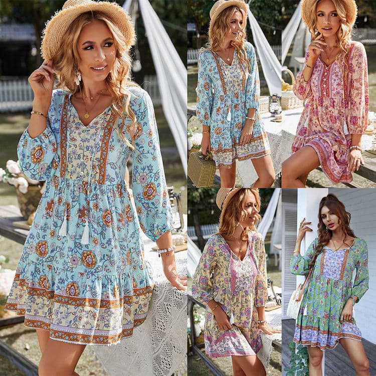 Bohemia Casual Dresses Holiday Style Short Dresses Positioning Print Dresses for Women