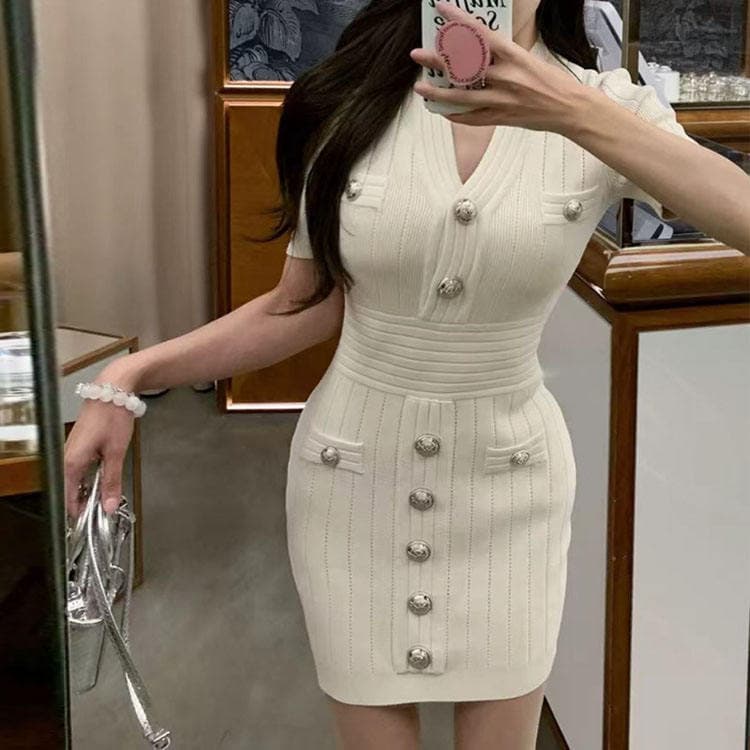 Wenshuo Sexy V-neck Short Sleeve Knit Dress Fitted Waist Bodycon Short Dress Single Breasted Dress