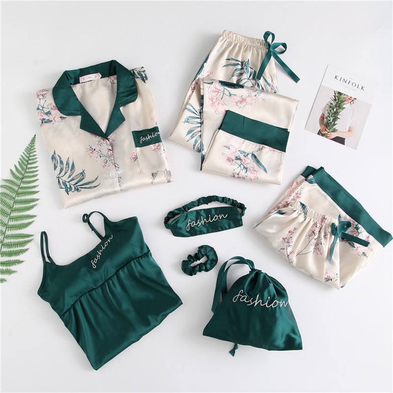 2025 Landscape Painting Print Pajamas Long Sleeve Women Seven Piece Sleepwear Bow Casual Suits Factory Directly