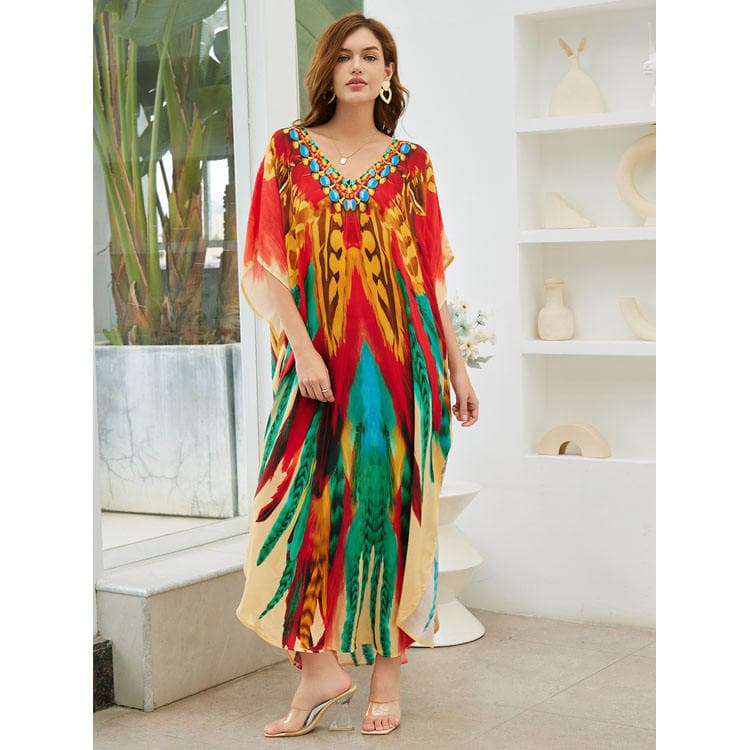 Rayon Positioning Printed butterfly Holiday Robe Long Dress Beach Sexy Cover Ups for Women