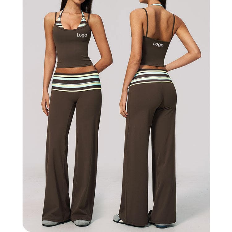 78 Nylon 22 Spandex Fashion 2 in 1 Striped Tank Top and Wide Legging 2 Piece Yoga Set