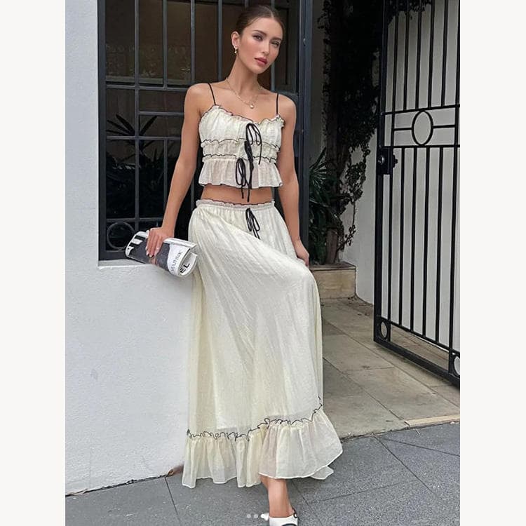 Wholesale Summer Camisole Bow Skirt Set Sweet Top Pleated Skirt Set for Women