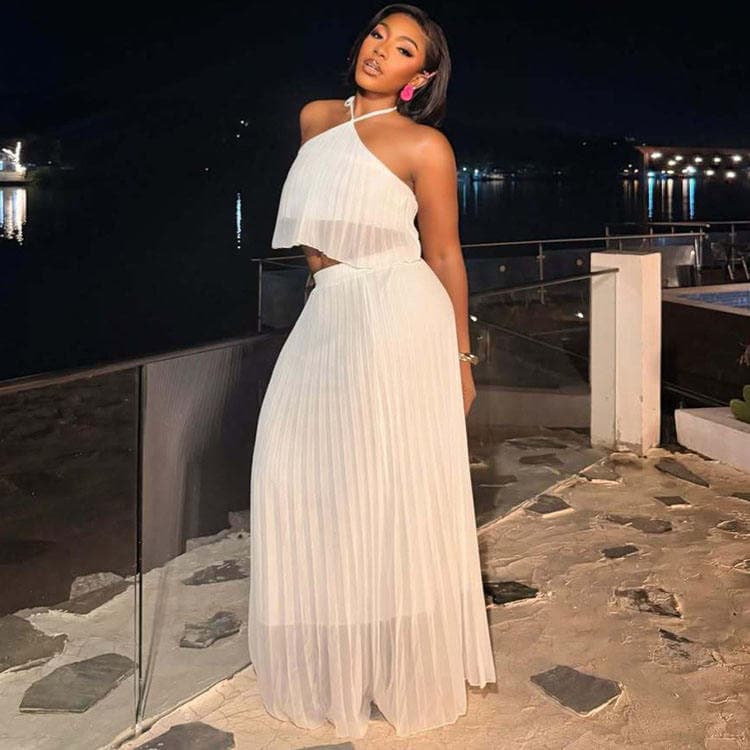 Wenshuo Sexy Halter Dress Wholesale Hollow Pleated Dress Custom logo Solid Color Dress Set Factory Directly