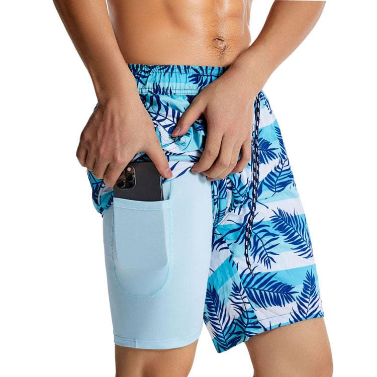 Summer Men Double Layer 2-in-1 Beach Pants Printed Running Mesh Sports Shorts Quick Dry Waterproof Shorts