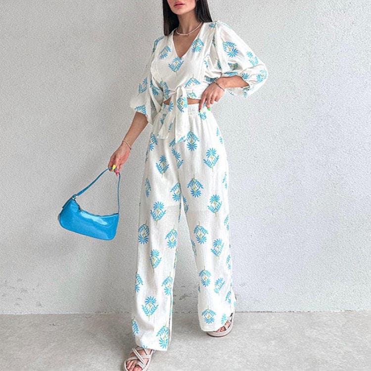 2023 Summer New V Neck Temperament Printing Puff Sleeve Top Trousers Ladies Two Piece Set