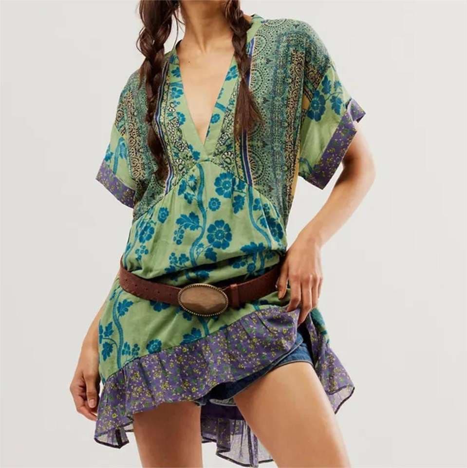 V Neck Floral Dress Wholesale Loose Short Skirt Custom logo Casual Dress Factory Directly