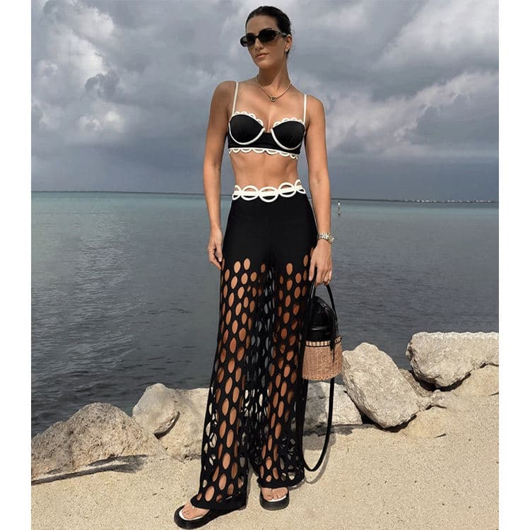 New Black Hollow Beach Shorts Swimsuit Set Luxury High Waisted Swimsuit Set