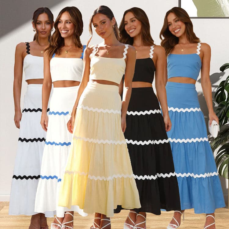 2024 Women Summer New Simple Casual Dress Set Wave Pattern Strap Top and a Skirt Women Holiday Solid Color Two Piece Skirt Set