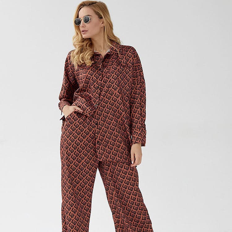 2023 Autumn Fashion Printed Loose Turn Down Collar Home Wear Women Pajamas Two Piece Set