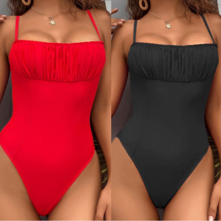 Fitness Swimwear Women Solid One Piece Bikini Pleated Bathing Suit Slim Sports Beach Wear