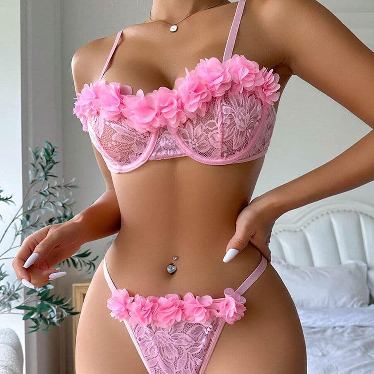 New Embroidered Lace Sexy Temptation Thong Sexy Lingerie Set Women
