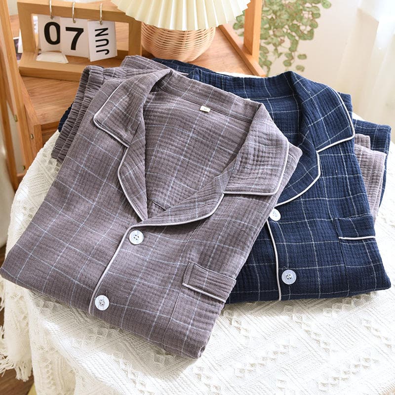 Plaid Soft Lapel Pajamas Manufacturer Pure Cotton Button Pajamas Wholesale Elastic Trousers Factory Directly