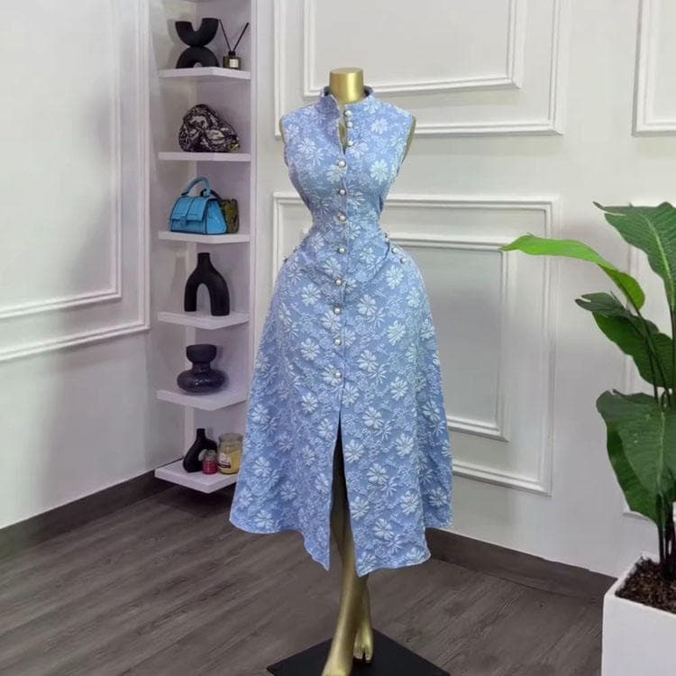 Wenshuo Printed Sleeveless Dress Custom logo Elegant Stand Collar Dress Wholesale Summer 2027 Dress Factory Directly