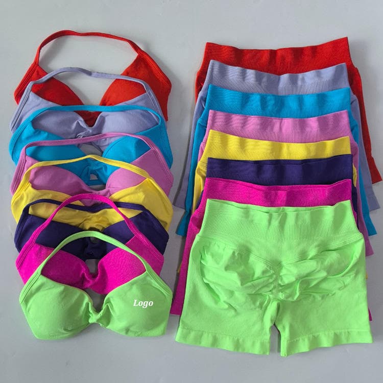90 Nylon 10 Spandex Candy Color Seamless Bra and Shorts 2 Piece Yoga Set