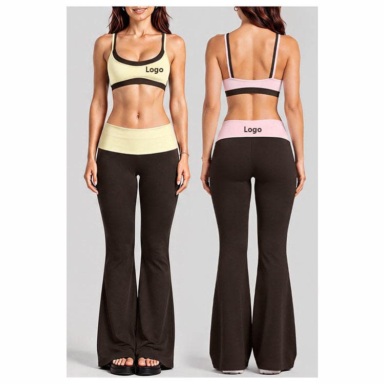 Custom Logo Nylon Spandex Workout Set 2 in 1 Bra and Flare Legging 2 Piece Block Color Yoga Set