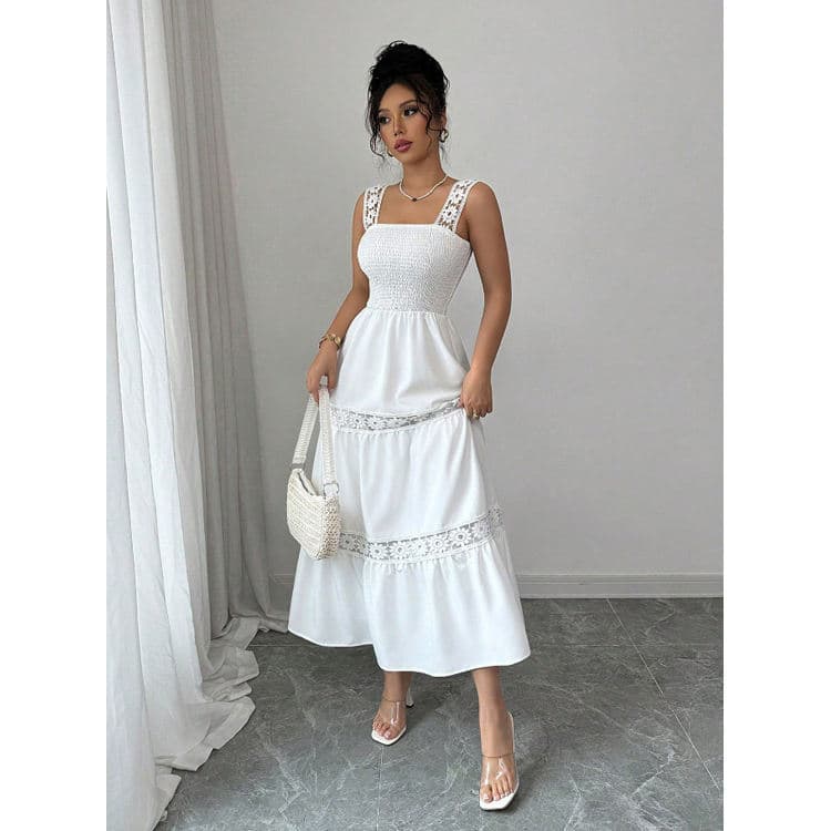 Wenshuo Casual Embroidered Dress Wholesale Floral Camisole Dress Custom logo Cinch Waist Maxi Dress Factory Directly