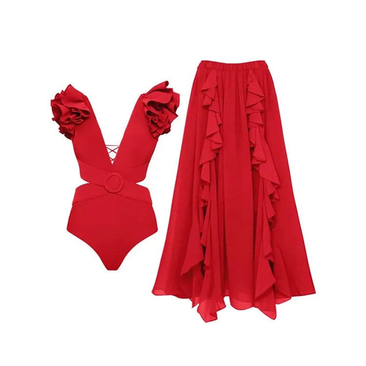 2023 New Solid One Piece Swimwear Vintage Ruffled Bathing Suit V-Neck Hollow Waist Swimwear