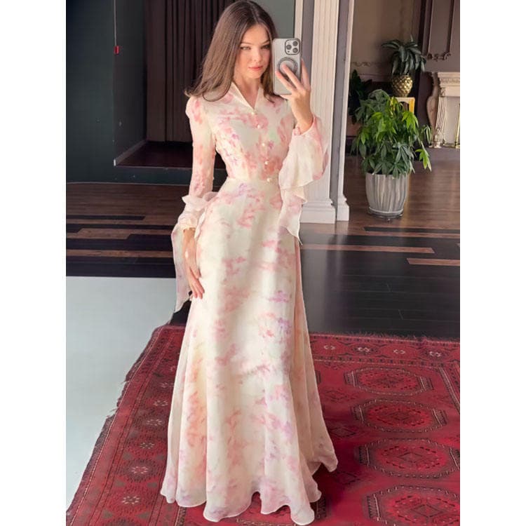 Wenshuo Floral Long Sleeve Dress Wholesale Ruffled Maxi Dress Factory Directly Elegant Summer Dress Custom logo