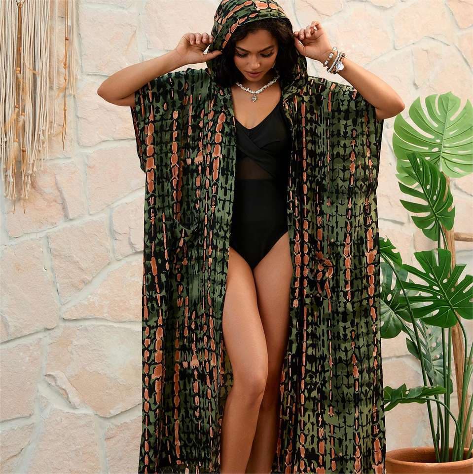 Hooded Retro Waist Rayon Shirt Wholesale Sun protection Cardigan Long Dress Bikini Beach Cover up Manufacturer