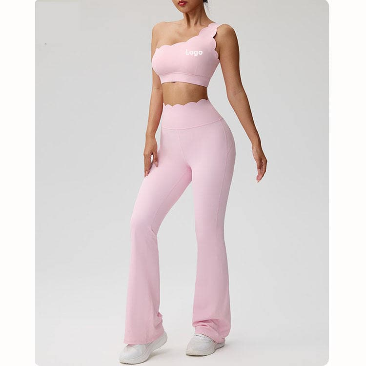 Nylon Spandex Quick Dry Workout Set Wavy Lace One Shoulder Bra and High Waist Flare Legging Yoga Set