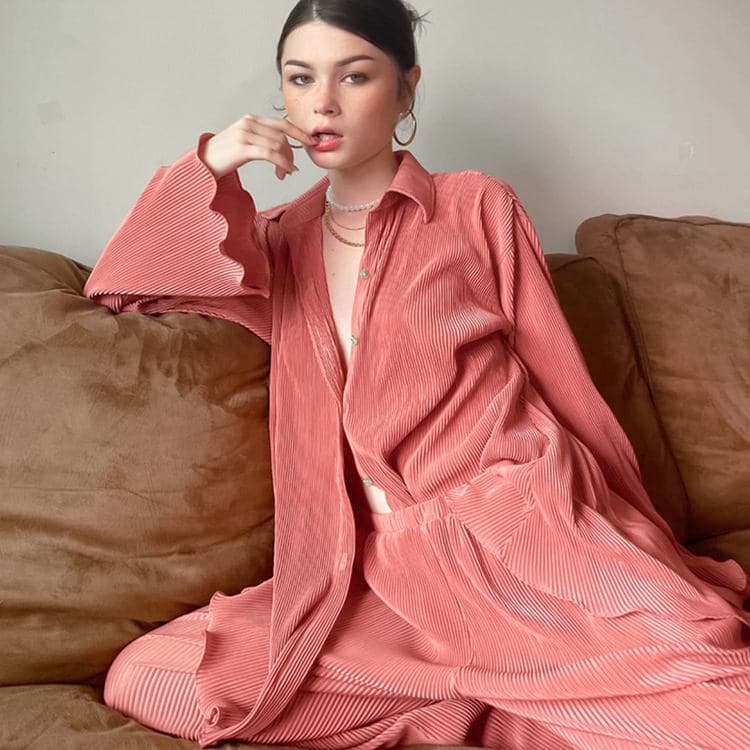 2023 Summer Fashion Pleated Shirt Pajama Set Loose and Easy to Wear Casual Pajama Pants for Women's Home Wear