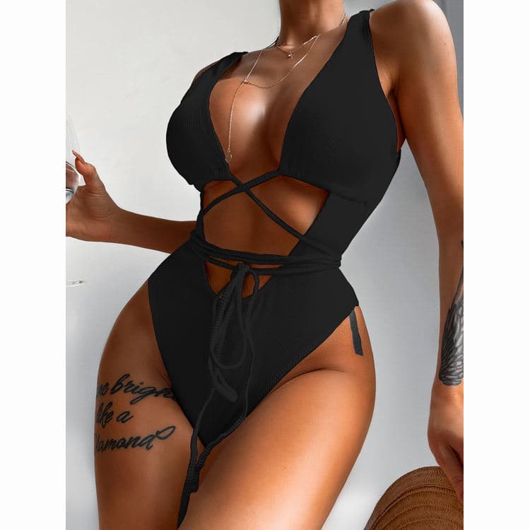 Solid Color Swimsuit Cutout One Piece Bikini Sexy High Cut Bandage Bikini