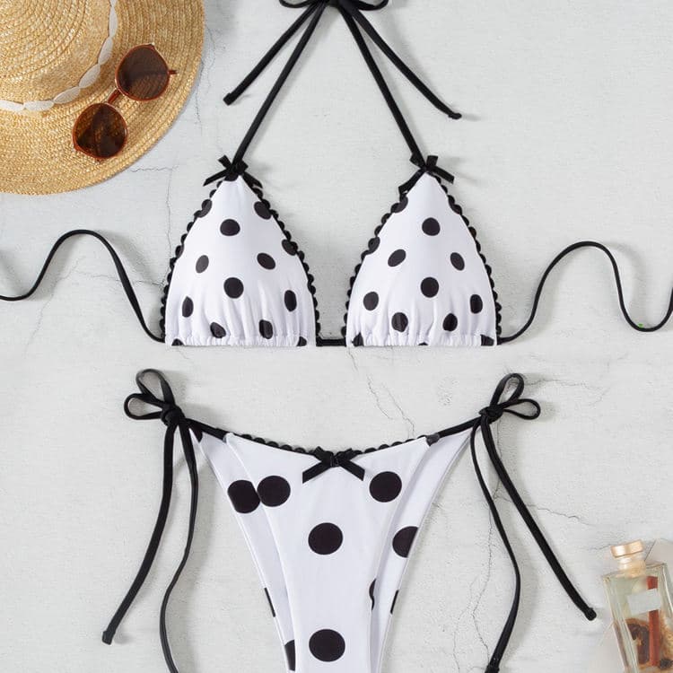Wholesale Black Polka-Dot Bikini Sexy Halter Neck Tie Side Swimsuit Vacations Beachwear