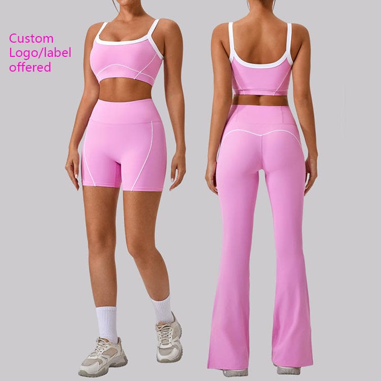 Nylon Spandex Nude Feeling Workout Suit White Striped Sport Bra and Shorts Yoga Set