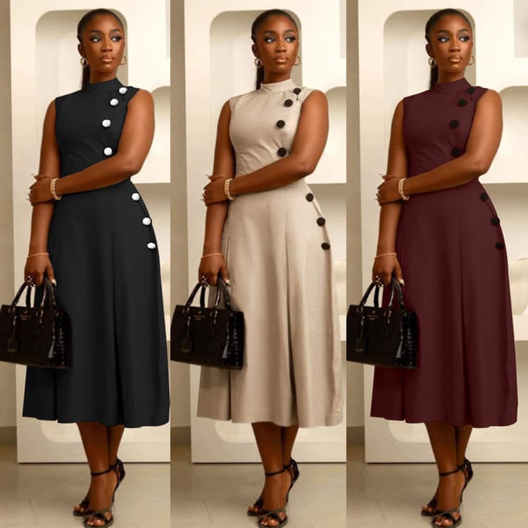 Wenshuo Casual Button Dress Wholesale Solid Color Dress Custom logo Sleeveless Maxi Dress Factory Directly