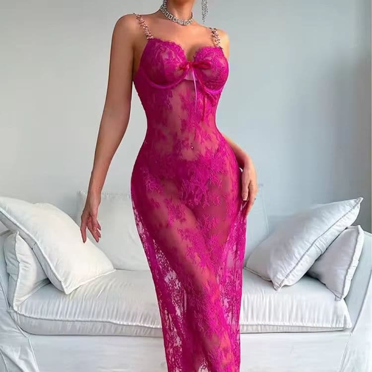 New Solid Color Lace Flower Embroidery Sexy See-Through Long Skirt Nightgown Suit