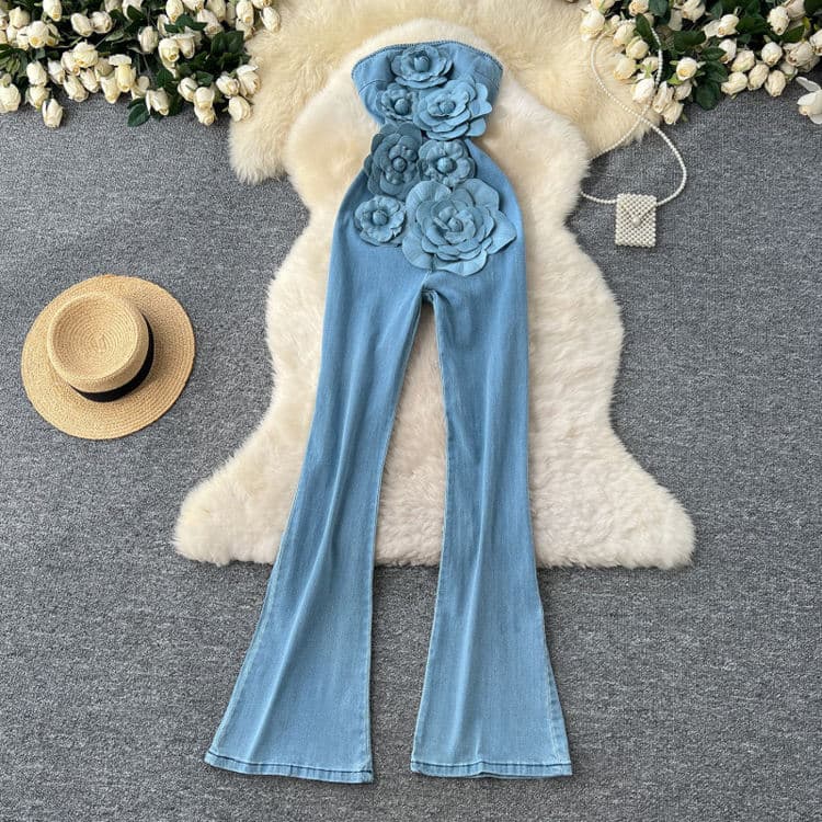 New Heavy Industry Cowboy Set 3D Flower Sleeveless Skincare Cowboy Jumpsuit for Women