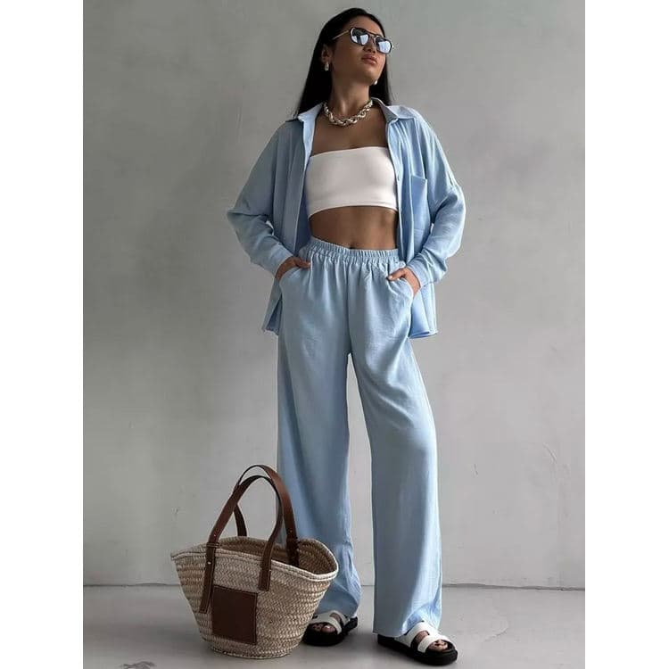 Custom Women Casual Sets No MOQ Custom Logo Solid Colors Pocketed Cardigans and Casual Wide-Leg Pants Sets