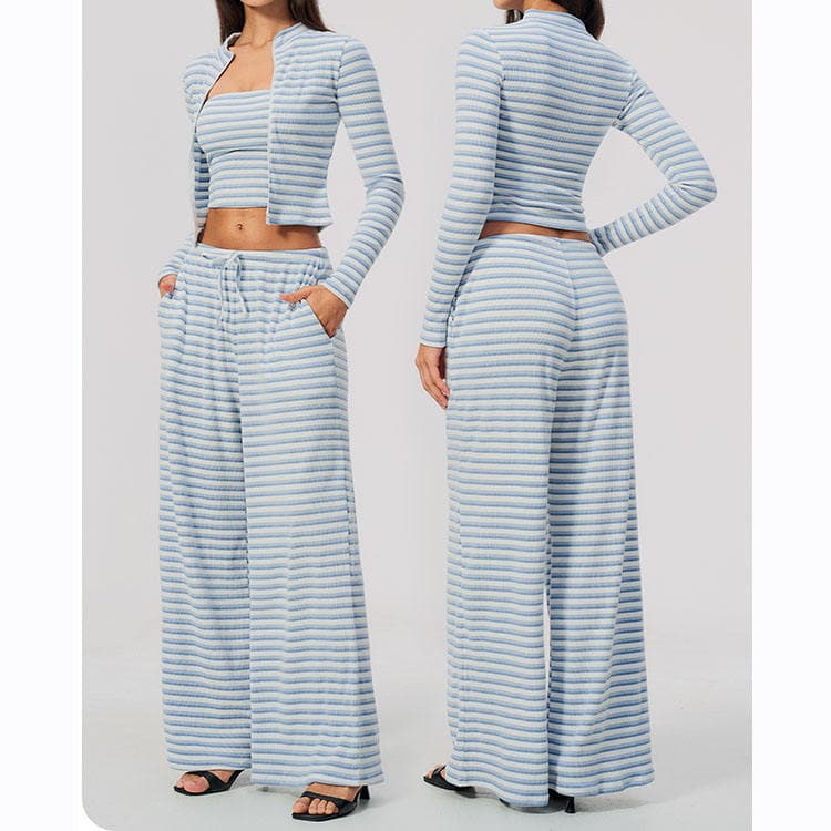 Double-faced Fleece Workout Set Stripes Top Zipper Jacket and Wide Leg Pants 3 Piece Yoga Sets