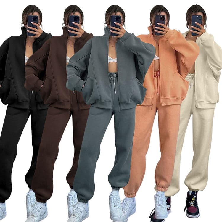 New Solid Color Standing Collar Cardigan Set Long Sleeve Sweatshirt Set Zipper Jacket Casual Pants Set