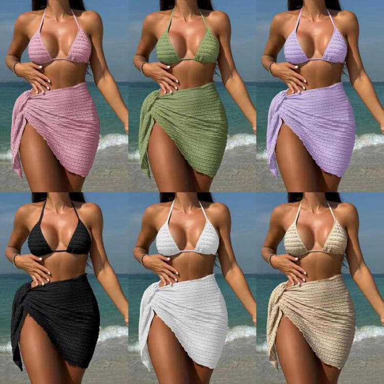 New Beach Wear Solid Colors Halter Bikini Set Wrap Skirt Swimsuit Sexy Luxury Wear Bathing Suit Swimwear