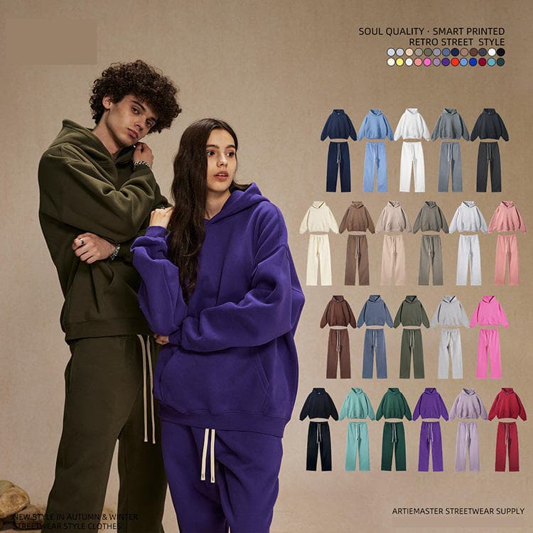 XS-3XL 2025 Fall Winter Loose Fitting 350g Fleece Lined Trendy Unisex Hooded Sweatshirt and Pants Set
