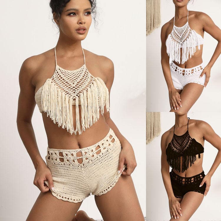 2024 New Handmade Crochet Tank Bikini Solid Color Sexy Swimsuit for Women