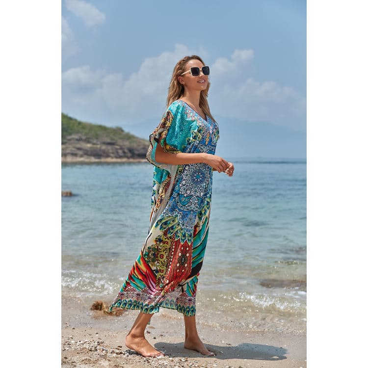 Unique Ethnic Style Colourful Print V Neck Maxi Skirt Boho Beach Cover up