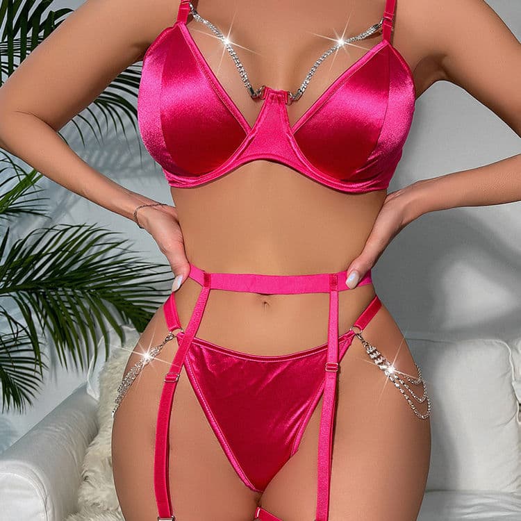 New Metal Chain Bra Three-piece Satin Sexy Lingerie Large Size Sexy Underwear Pajama