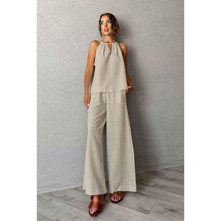 Wenshuo 2026 Casual Solid Color Cotton Linen Suit for Women Holiday Loose Halter Neck Vest and Pants Two Piece Set Wholesale