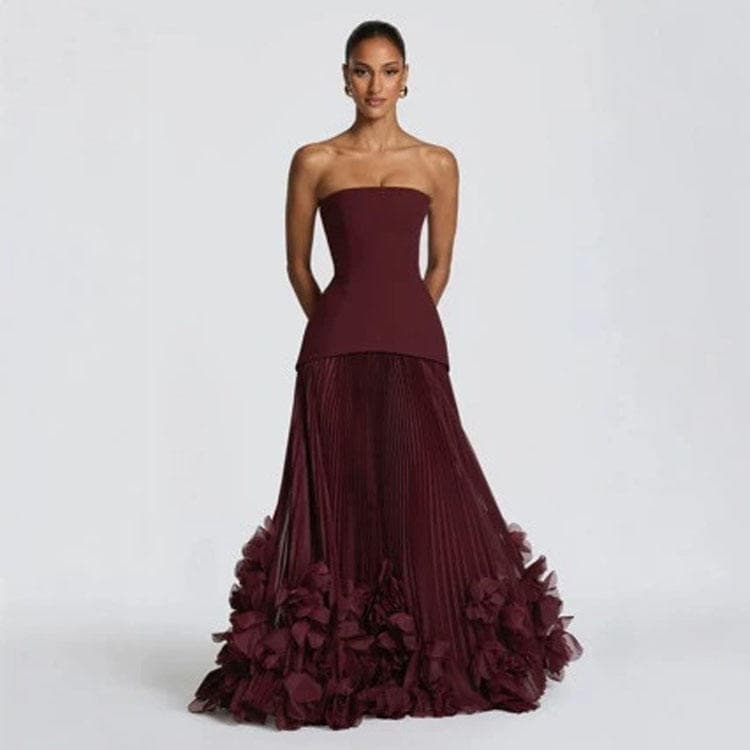 Wenshuo Floral Ball Gown Factory Directly Strapless Maxi Dress Custom logo Elegant Pleated Dress Wholesale