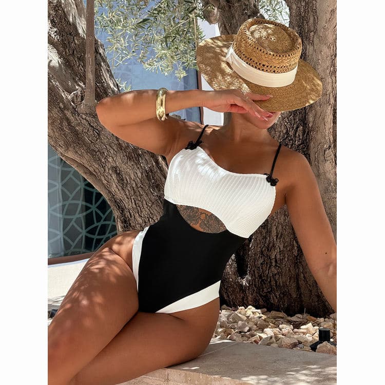 Special Fabric Soft Comfortable Sexy Bikini One Piece Black White Swimsuit High Cut Holiday Bathing Suit