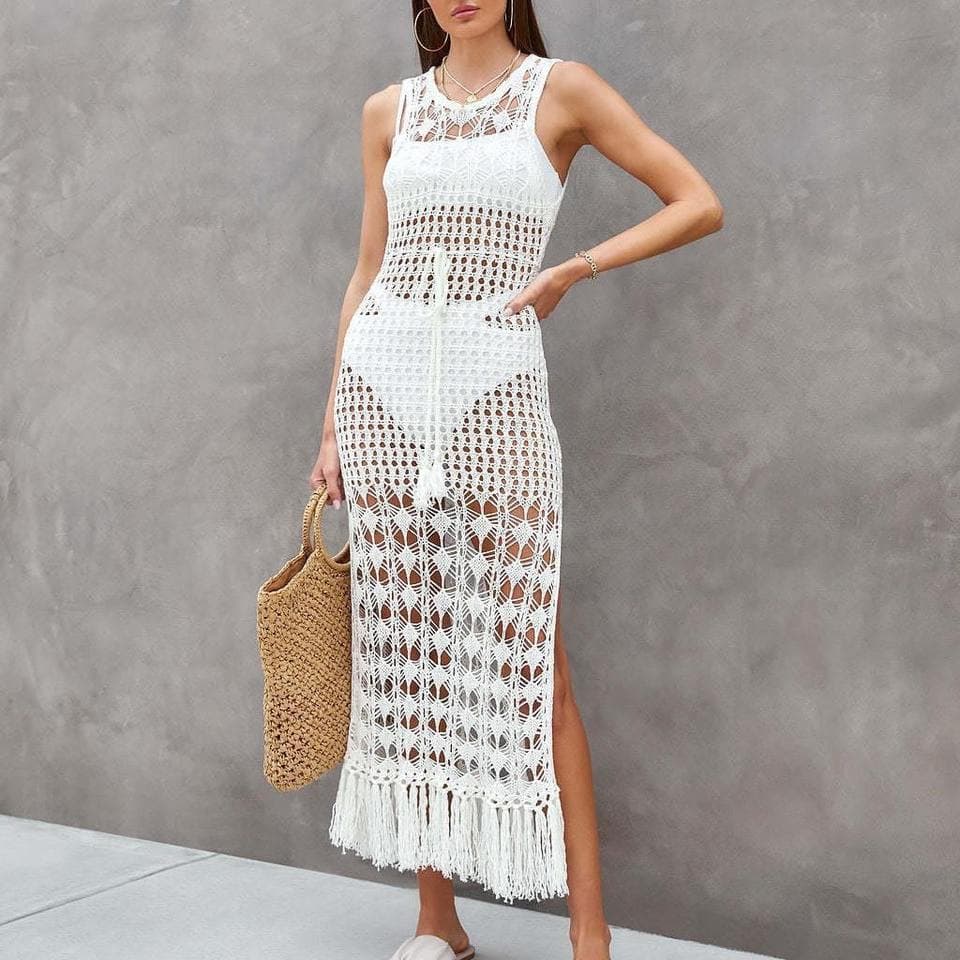 Tassel Hollow Waisted Knitted Clothing Sleeveless Beach Long Dress Custom logo Solid Color Bikini Cover Ups Factory Directly