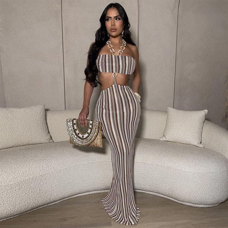 2025 New Style Summer Hot Sleeveless Sexy Navel Exposed Knitted Stripe Metal Skirt Set