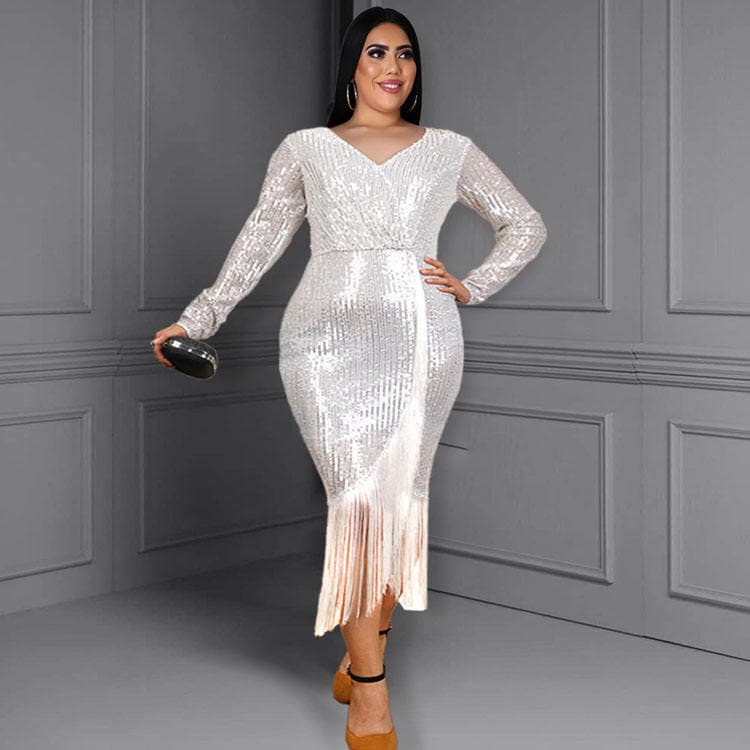 Plus Size Sequins High Elastic Evening Dress Fashion V Neck Split Fringe Dress